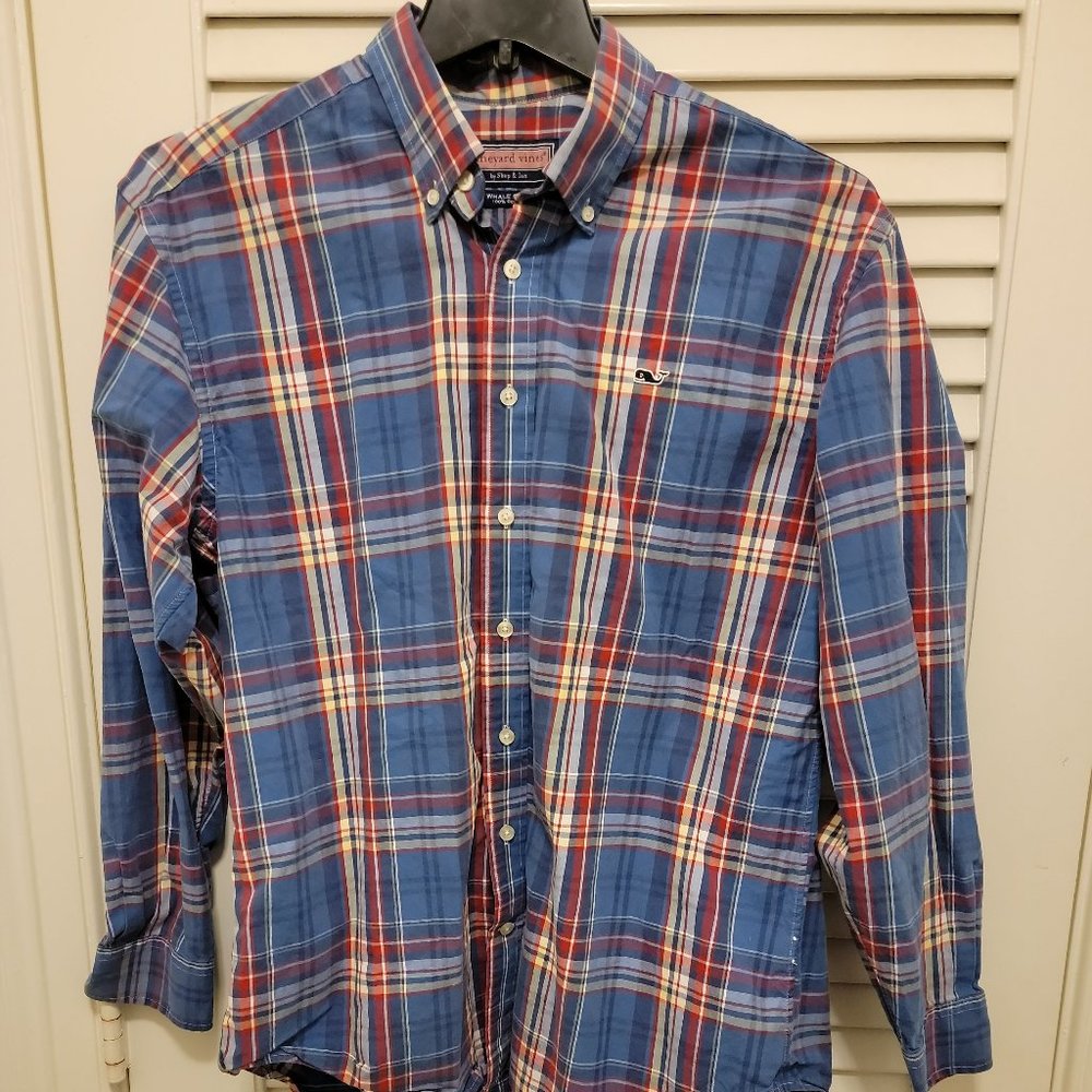 Vineyard Vines Shirt Mens M Blue Plaid Whale Shirt Long Sleeve, 100% Cotton